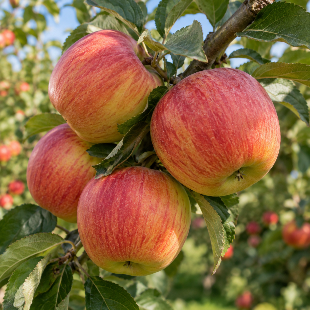 Gala apples growing on an orchard branch