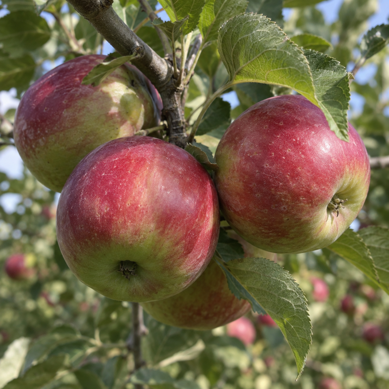 McIntosh apples growing on an orchard branch