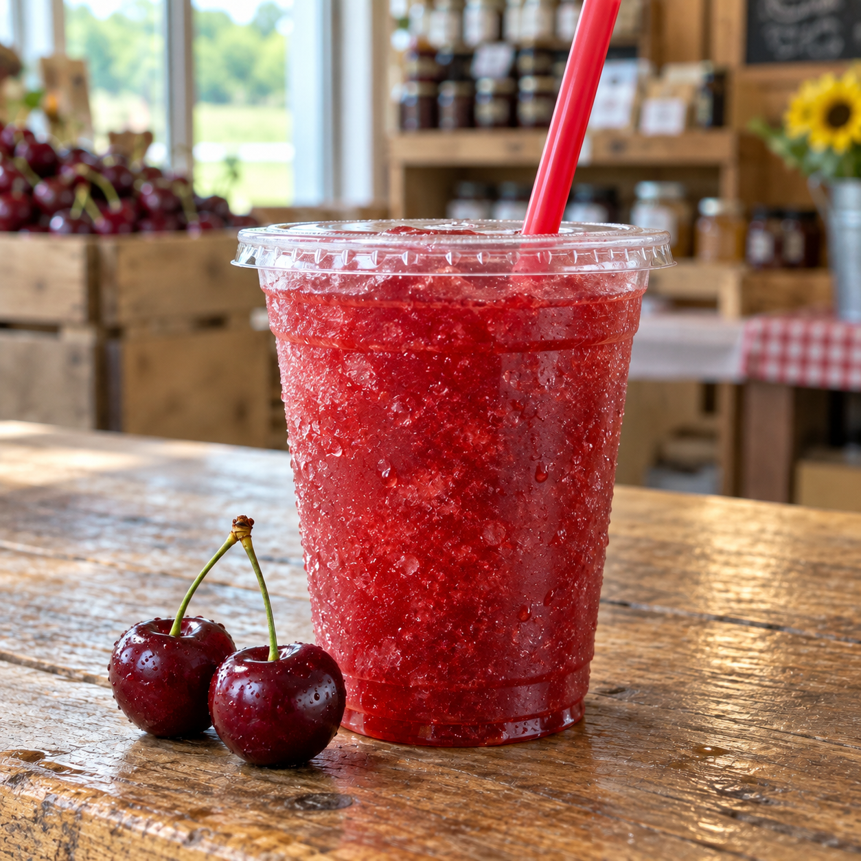 Wild cherry slushy in a clear cup with cherries